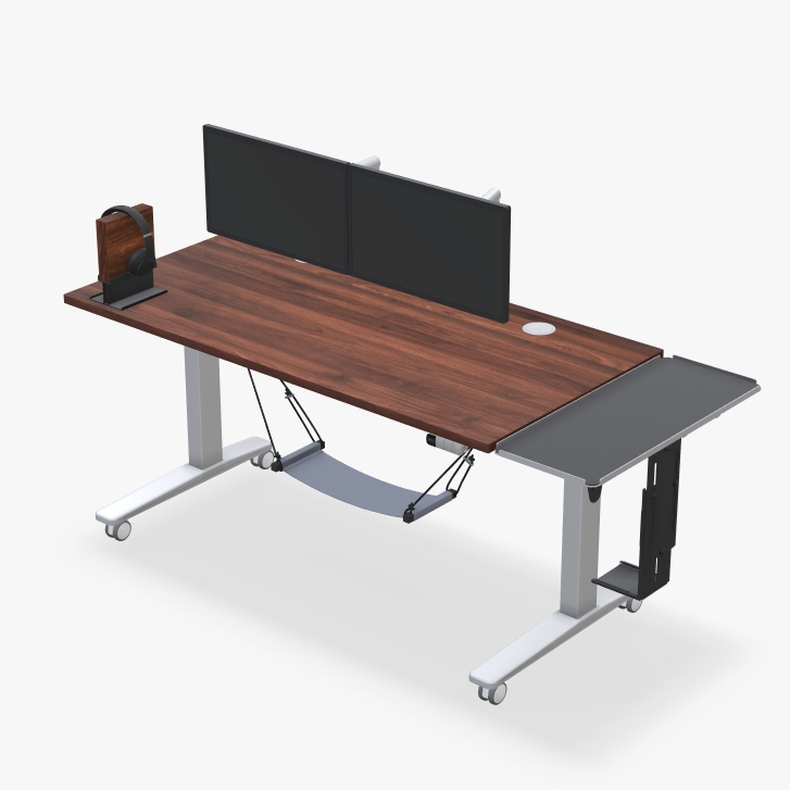 UPLIFT Standing Desk V3 with a walnut laminate desktop and soft-roll casters for a mobile gaming setup.