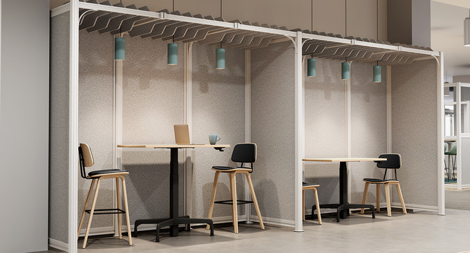 Spaces Wall System featuring Kerbey chairs and barstools paired with the Bistro table all designed by UPLIFT Desk
