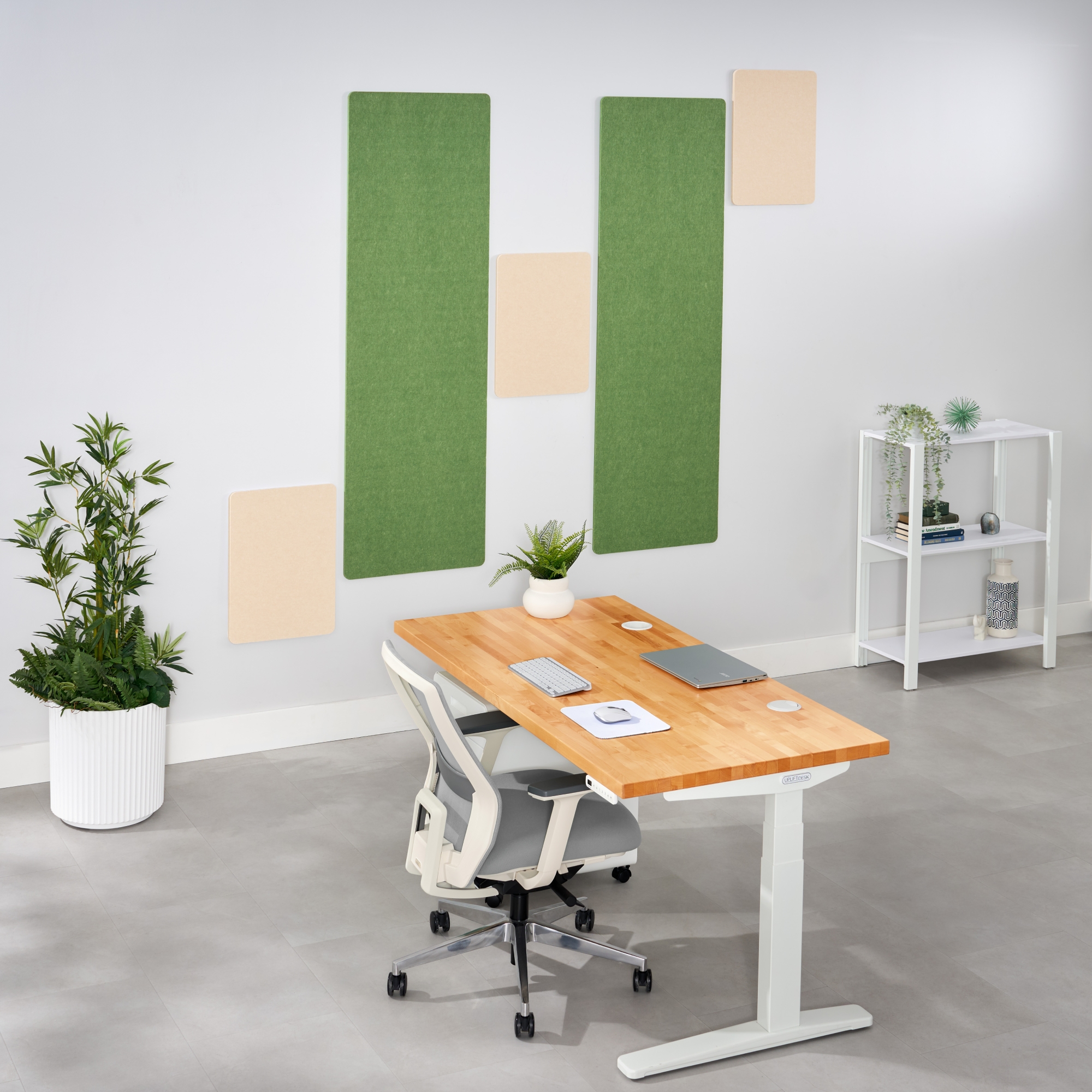 Acoustic Wall Panels in Sand and Eucalyptus paired with an UPLIFT Standing Desk and Envoke Ergonomic Chair