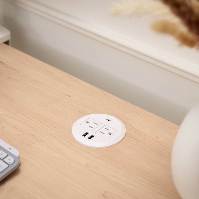 White Power Grommet with USB on a Maple Laminate desktop for a clean, cohesive look