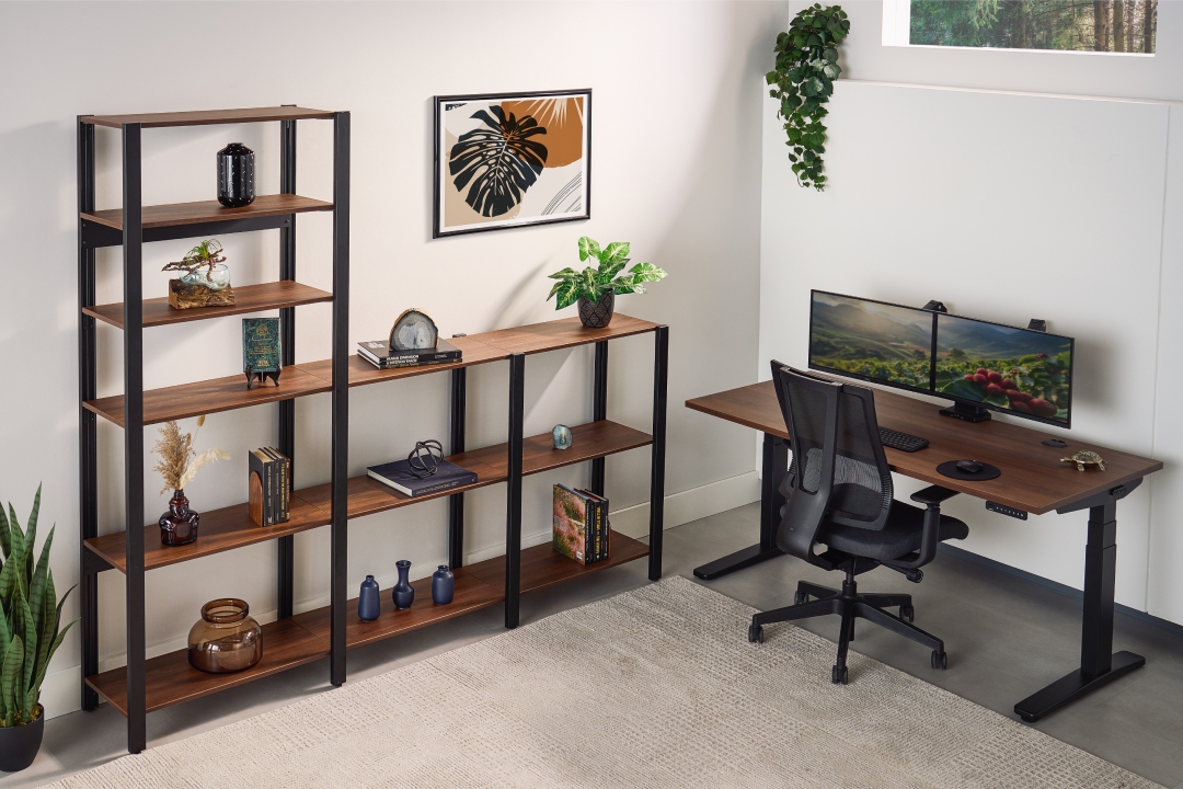 UPLIFT 2-leg standing desk with a Clarksville Ergonomic chair and Sequence shelving for a cohesive, complete office look.