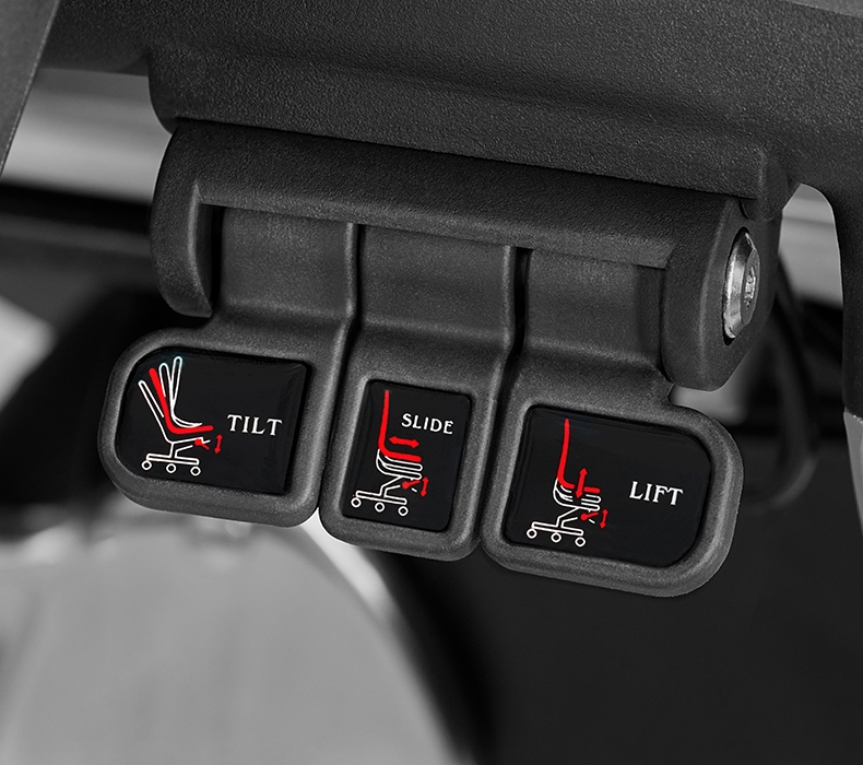 A close-up of the intuitively labeled adjustment controls of an Intuition Ergonomic Chair