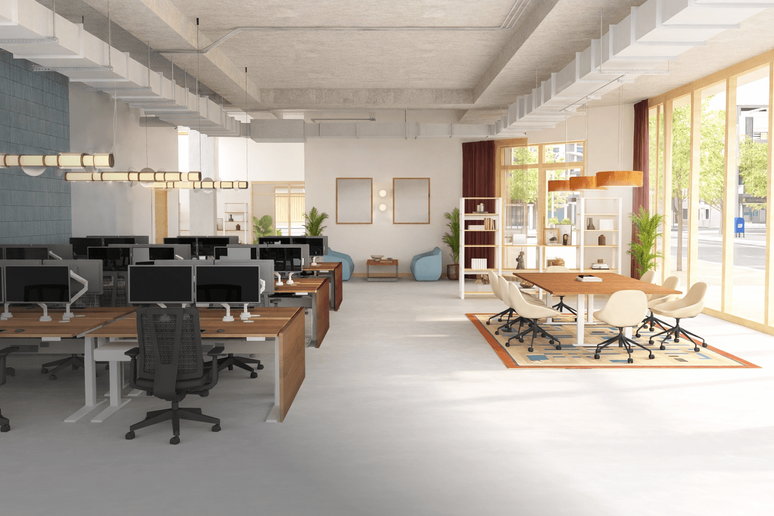 Office with gallery panels, v3 standing desks, and a conference table