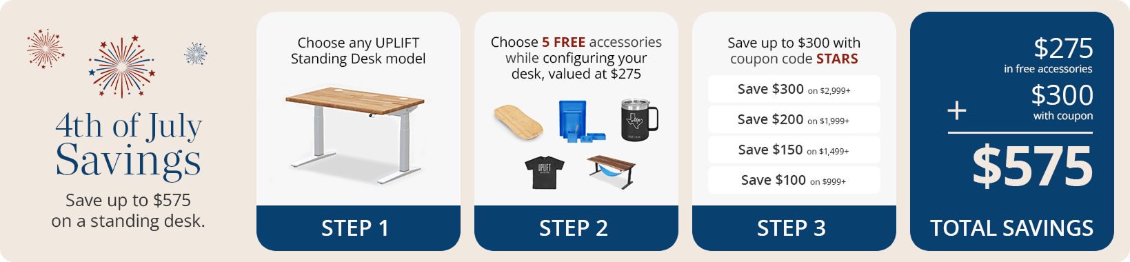 4th of July Savings Save up to $575 on a Standing Desk