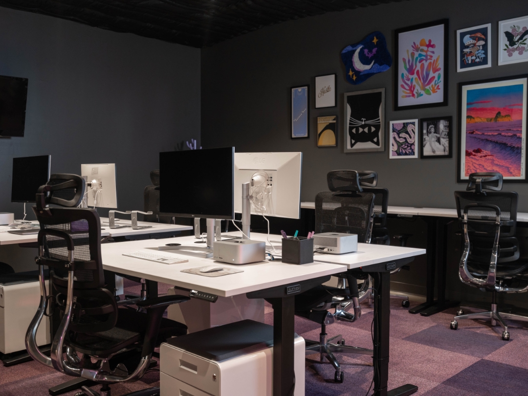 Office for Youtuber Saifya Nygaard designed by UPLIFT Desk with 2-leg standing desks and Intuition ergonomic chairs.