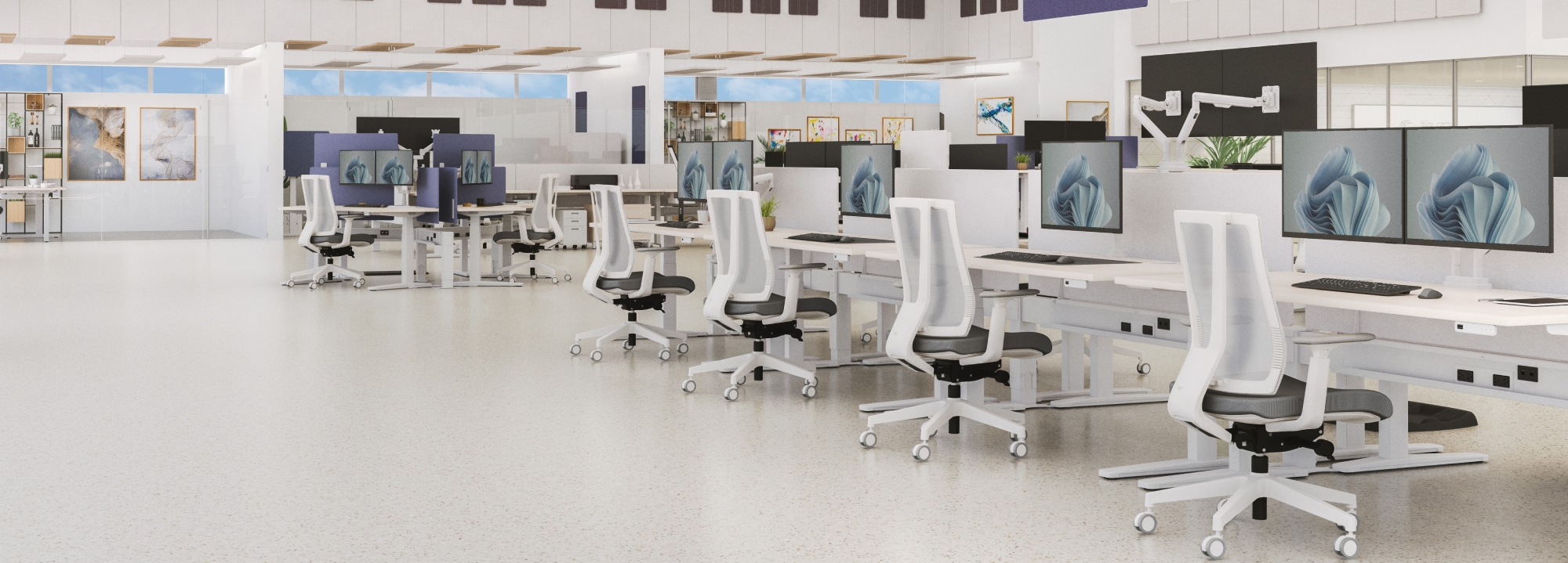 Open concept entertainment office with Fog Clarksville Chairs and UPLIFT 2-Leg Standing desks.