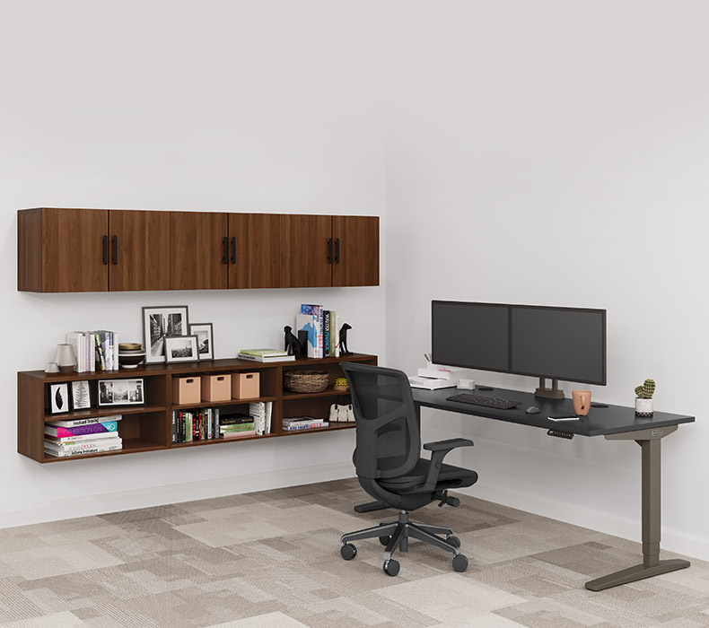 Walnut MoPac Overhead Cabinets and Bookcase mounted to a wall with wall cleats