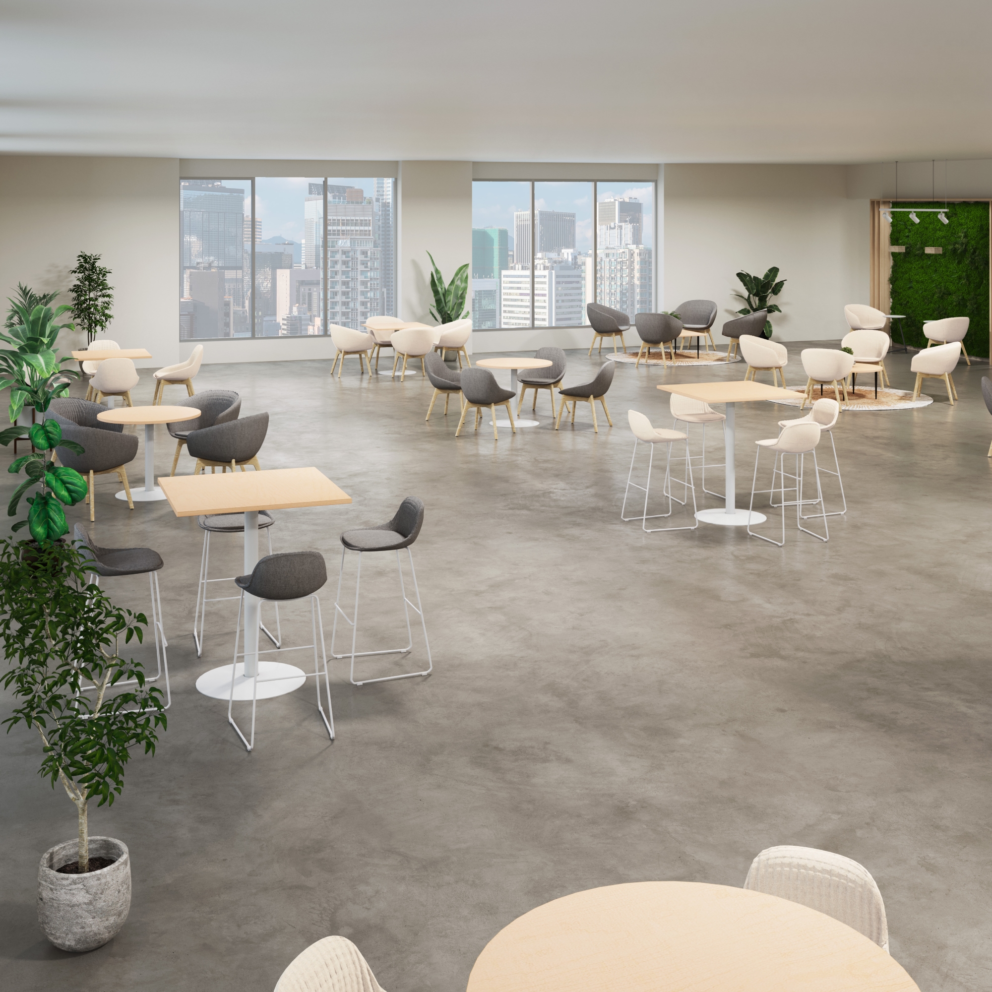 Rivervue barstool in sand and white, slate and white in lounge area with cafe tables