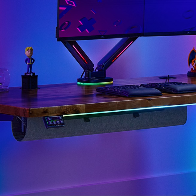 UPLIFT Desk Domain RGB Dual Monitor Arm & Flexmount manager for a clean gaming setup.