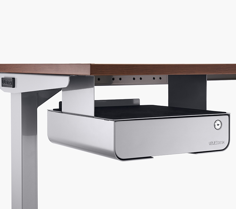 Desk Drawer by UPLIFT Desk in gray showing shelf mounting option