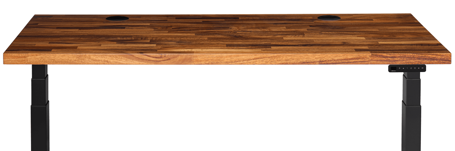 The Uplift V3 Standing Desk with a Black frame and Saman Butcher Block desktop.