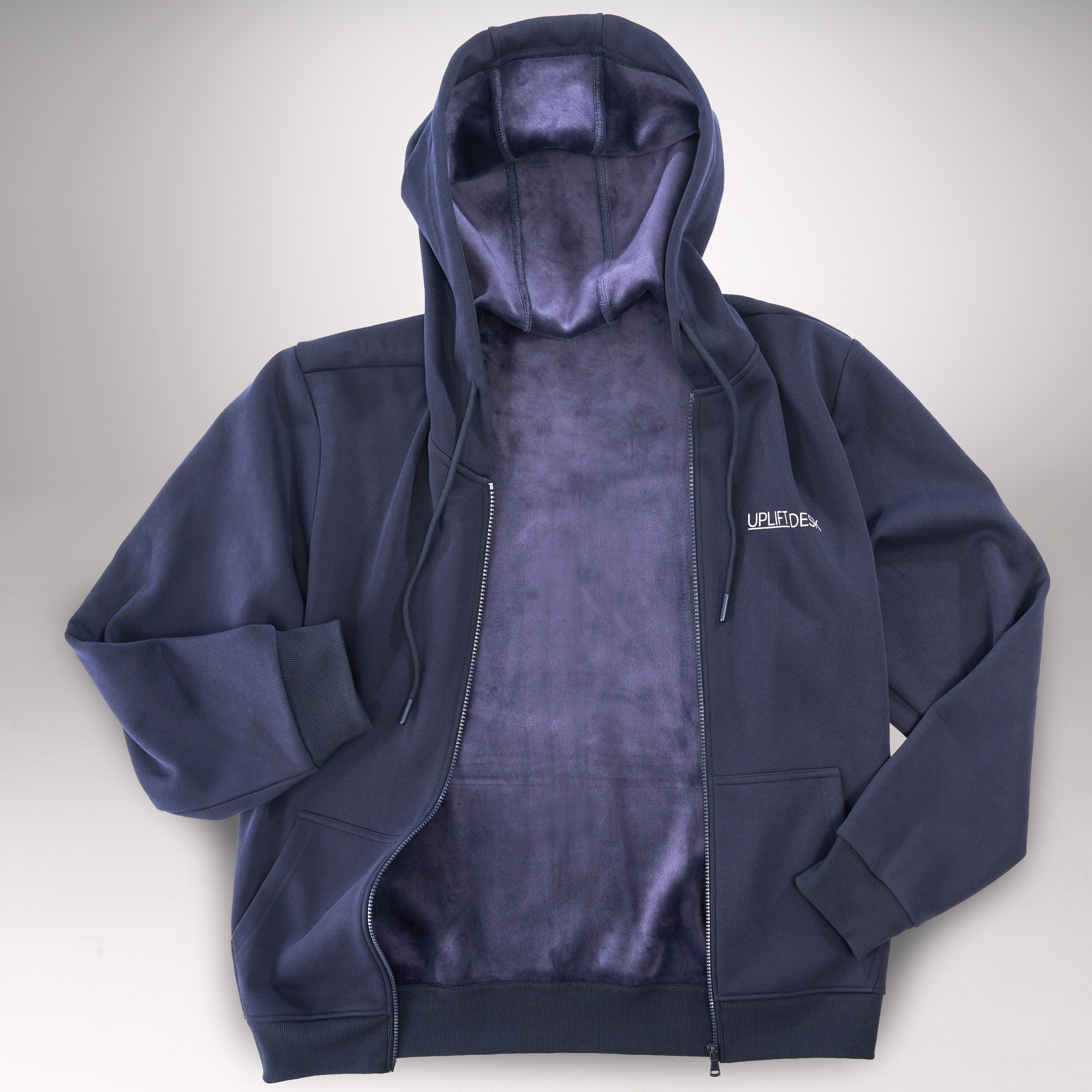 Full Zip Hoodie by UPLIFT Desk in Navy unzipped to show interior