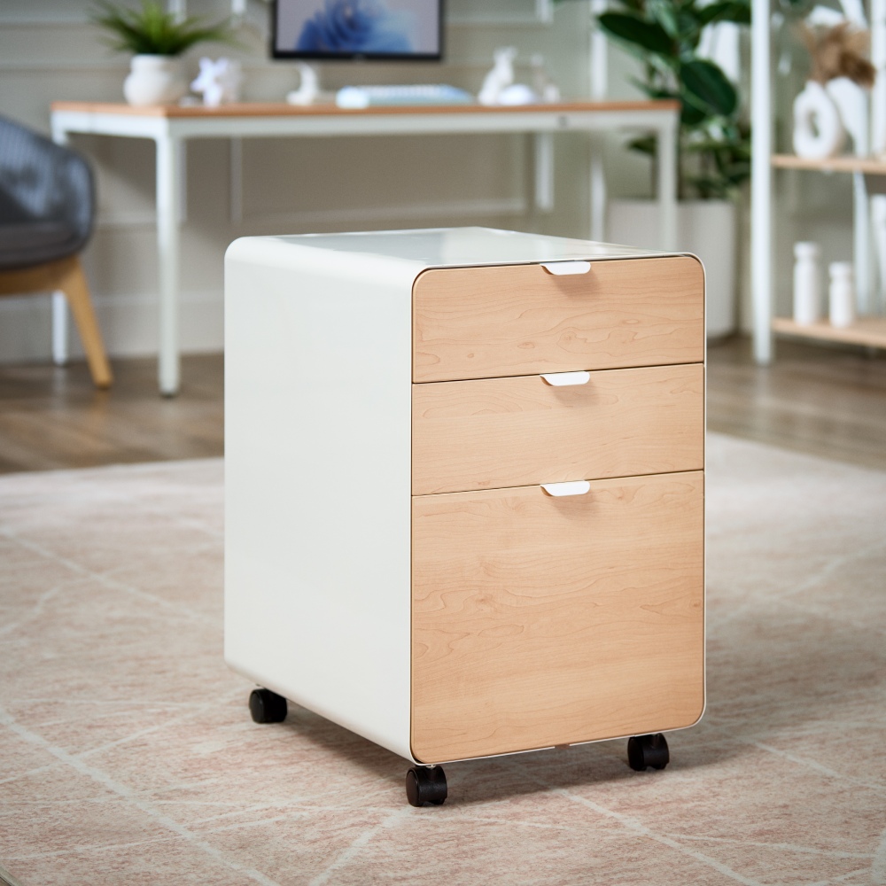 White filing cabinet with maple laminate cabinet fronts