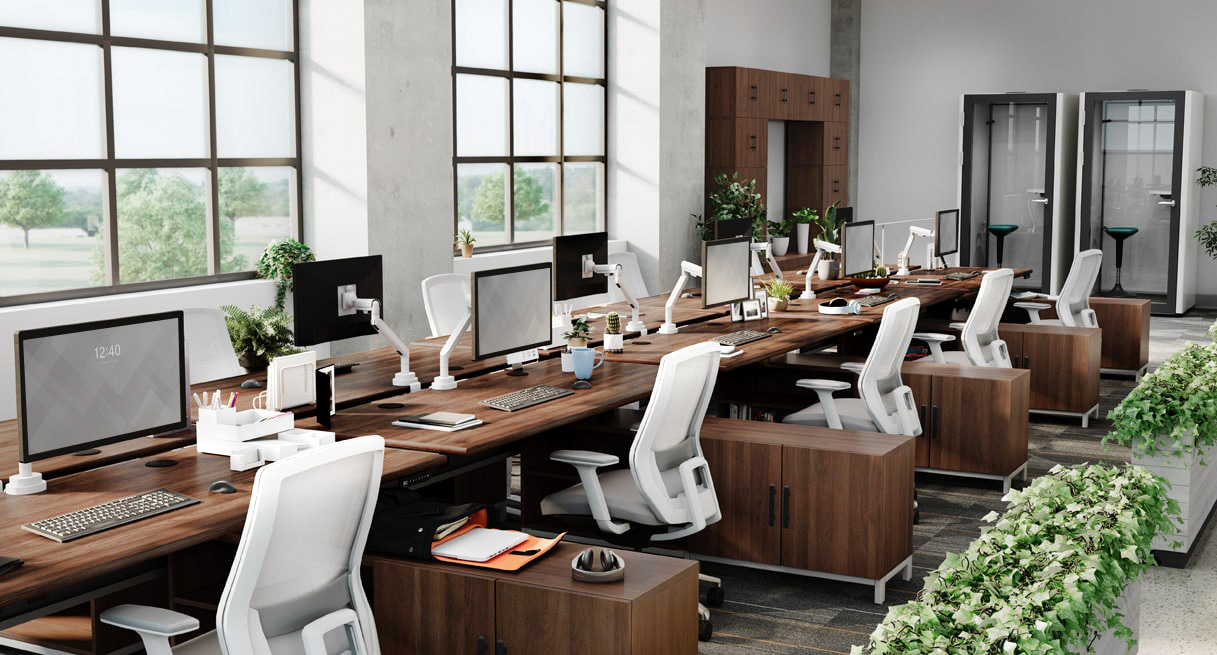 Business office with U)PLIFT Standing Desks and MoPac cabinets for a cohesive look.