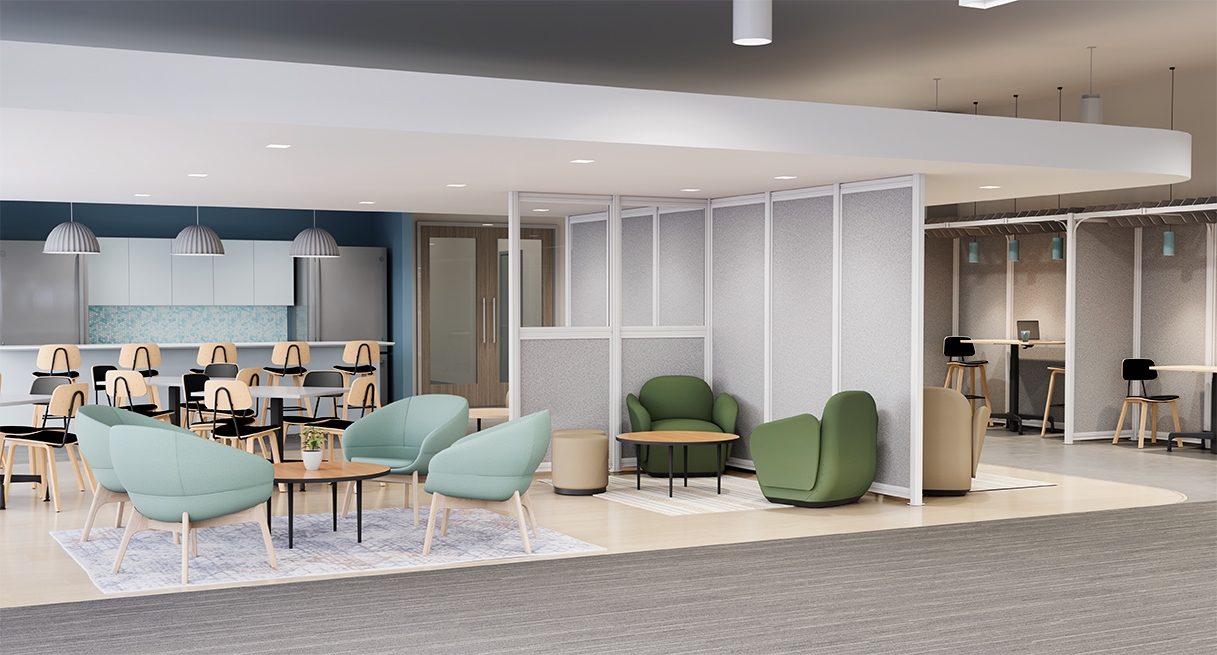 Shared workspace that includes various furniture solutions by UPLIFT Desk, featuring Kerbey barstools and chairs