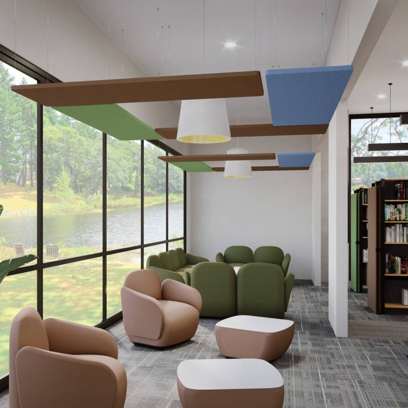 Rectangular Acoustic Ceiling Clouds by UPLIFT Desk in Brown, Dark Blue, and Eucalyptus in a library setting