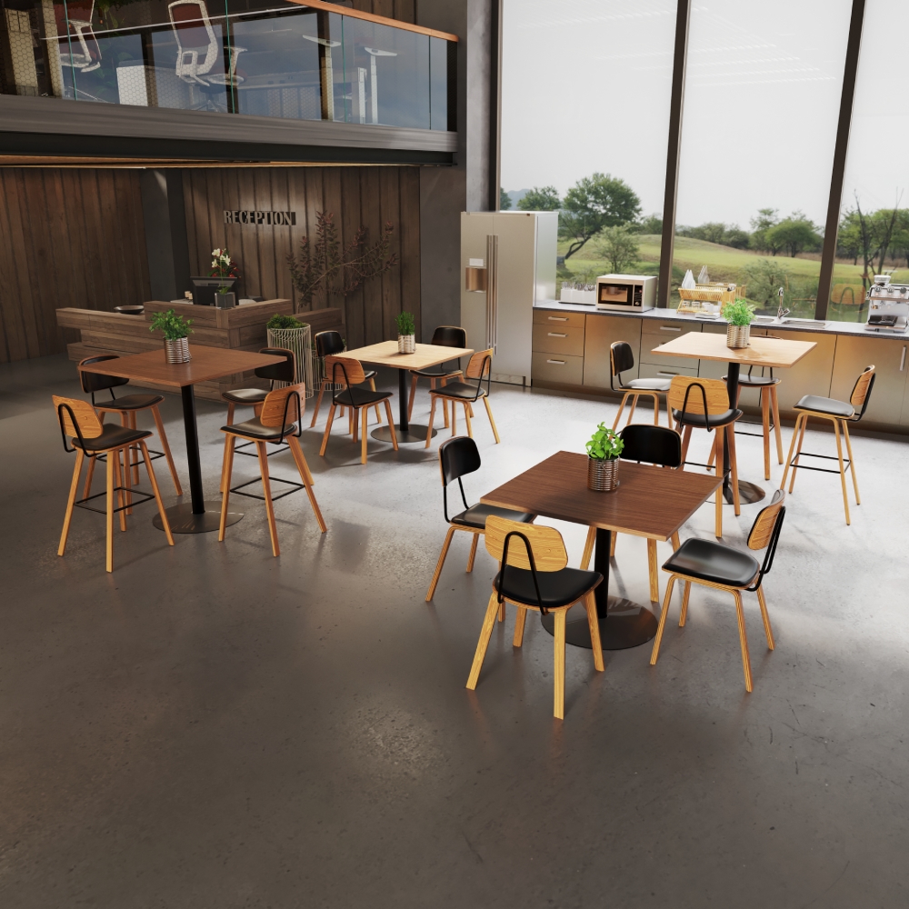 Kerbey Chairs and Barstools at Cafe Tables by UPLIFT Desk in a workplace cafeteria