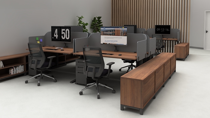 Rendered office layout featuring UPLIFT desk standing desks, credenzas and privacy panels creating an ergonomic office