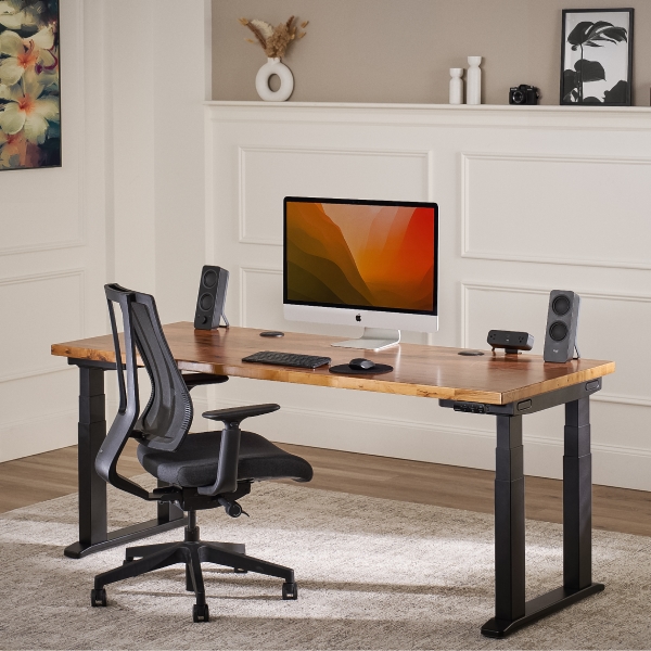 UPLIFT 4-leg standing desk with a black Clarksville ergonomic chair in a media executive office