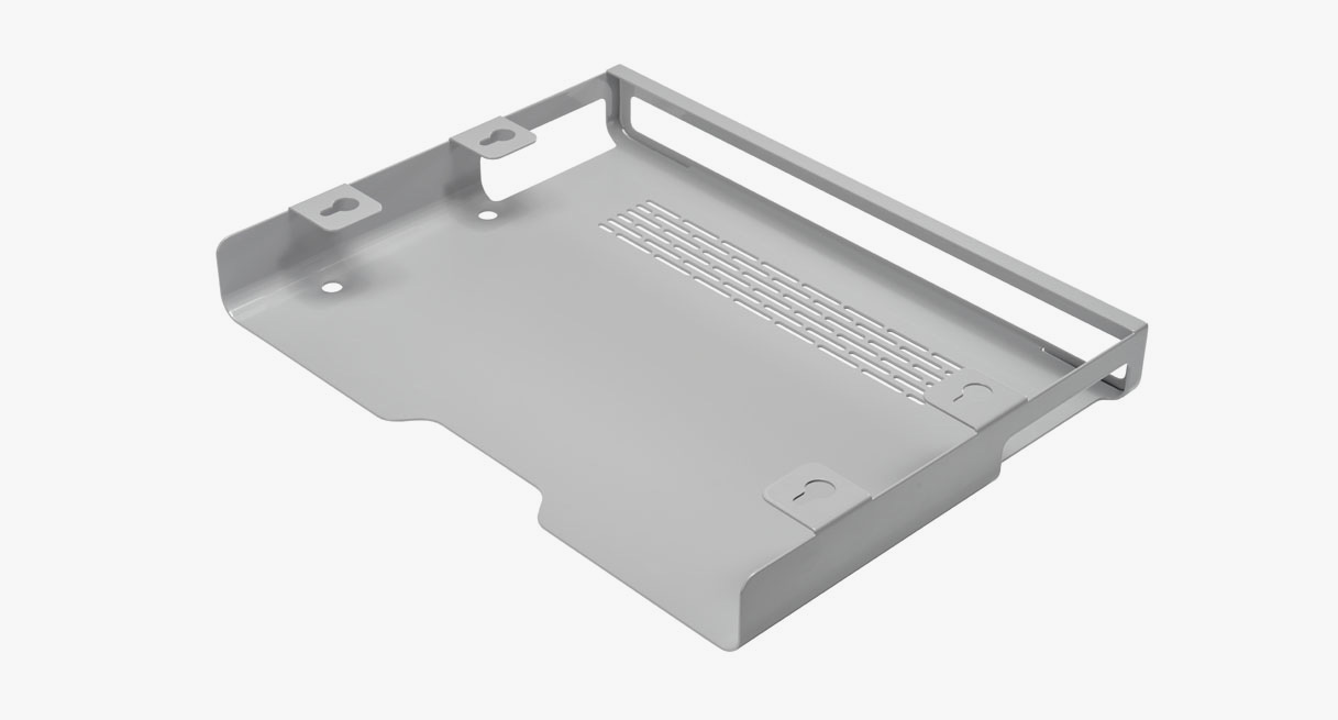 The shelf shown by itself from above, revealing concealed mounting tabs, ventilation cutouts, and cable pass-throughs