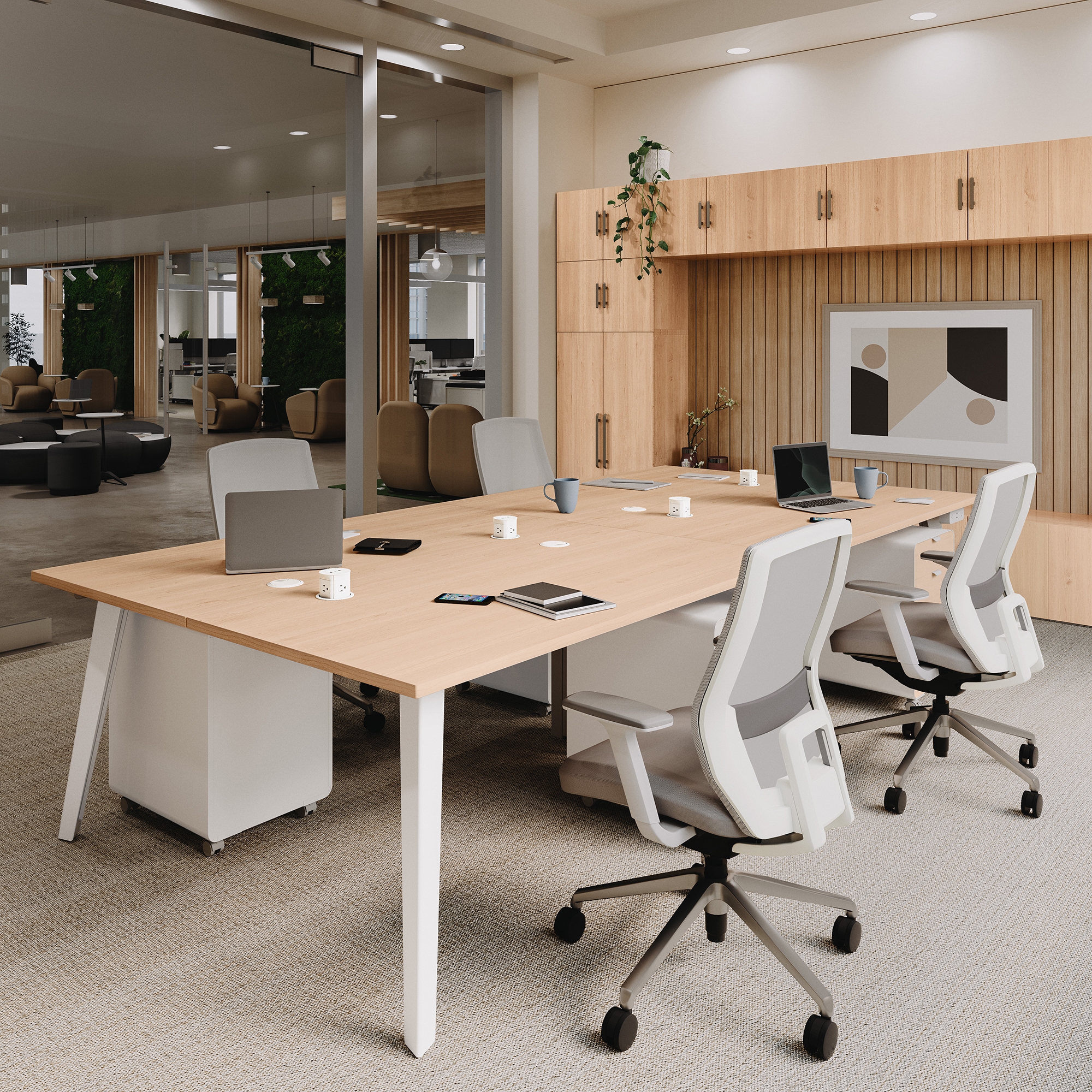 4-Person Table by UPLIFT Desk in Maple Laminate with Envoke Ergonomic Chairs in Fog and matching Maple Laminate MoPac Storage Cabinet
