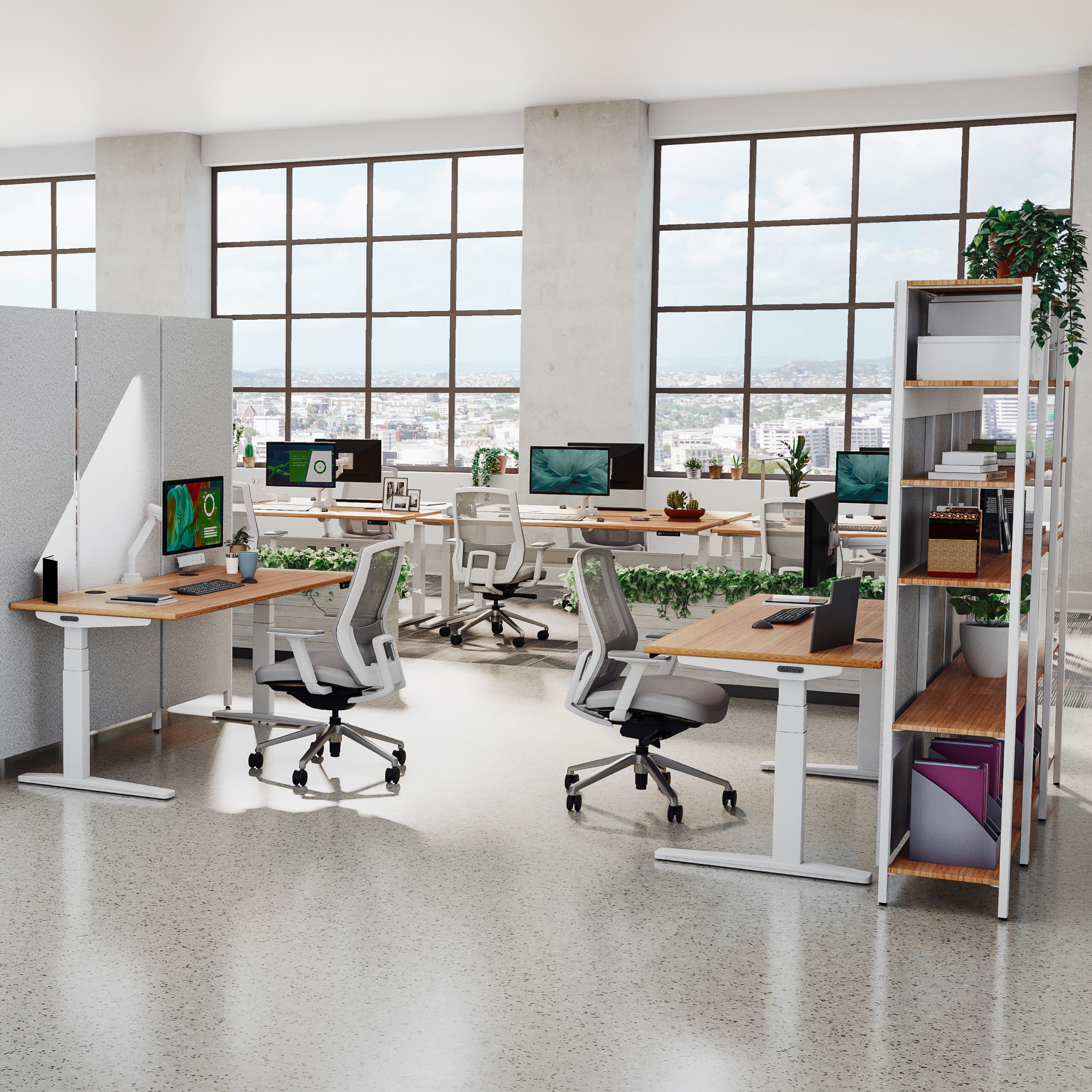 Free Space Planning With Standing Desks Ergonomic Chairs shelving and power and data solutions