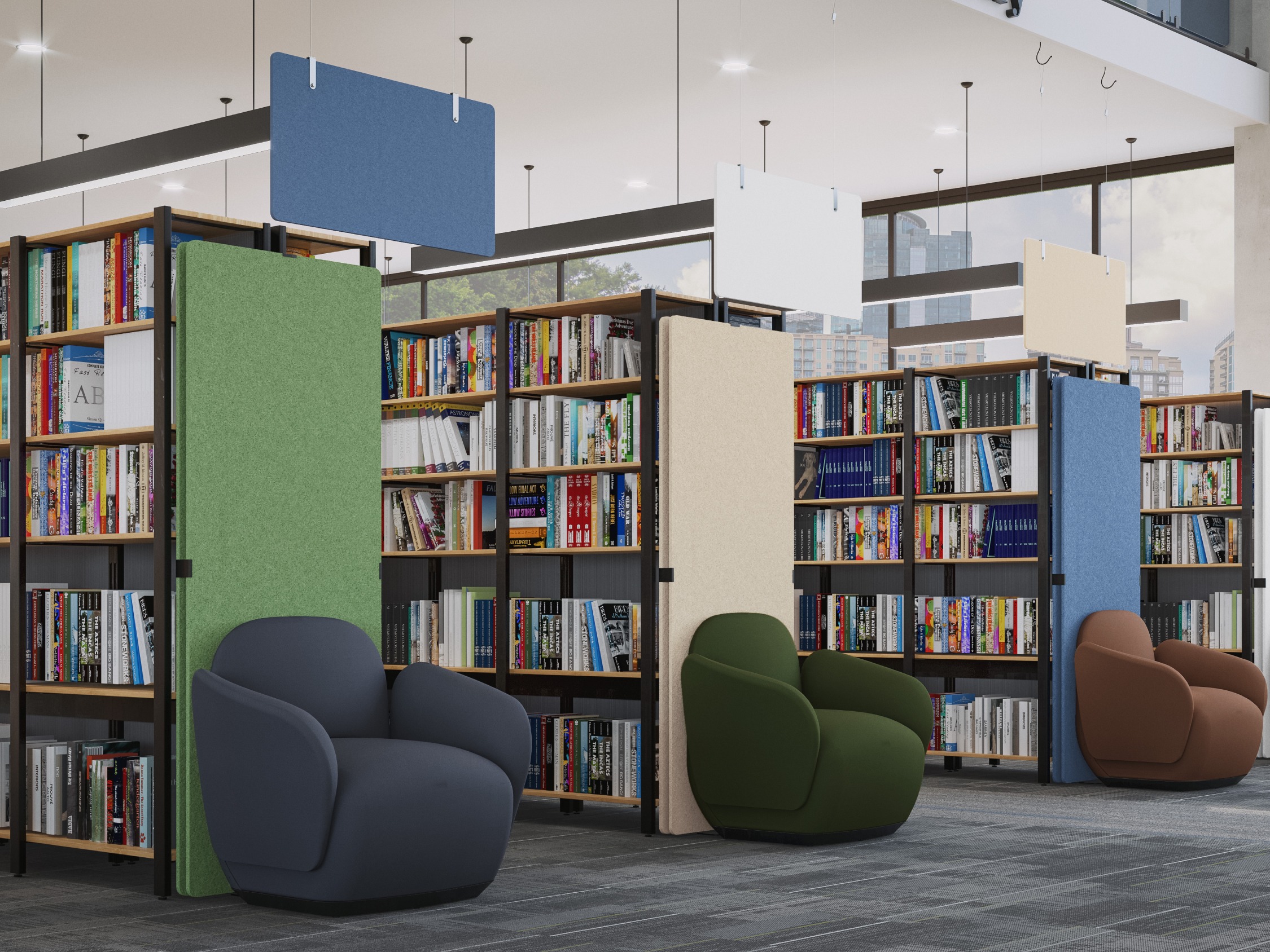 Library dressed with UPLIFT Desk acoustic panels and longue seating