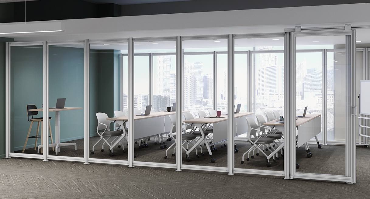 Create a dedicated training area within an open office using the UPLIFT Wall Spaces System, Flip Top Tables, and Rollaway Nesting Chairs.
