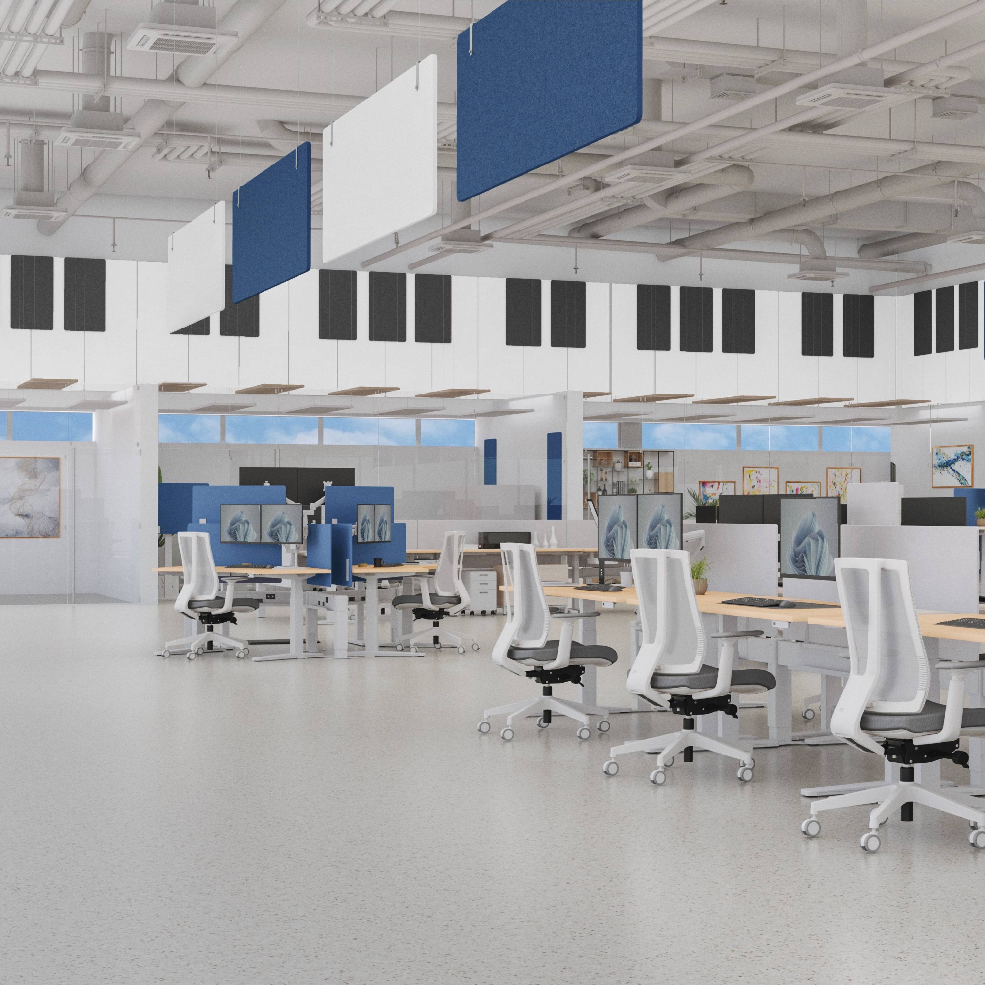 UPLIFT Ceiling Clouds hanging over an open office