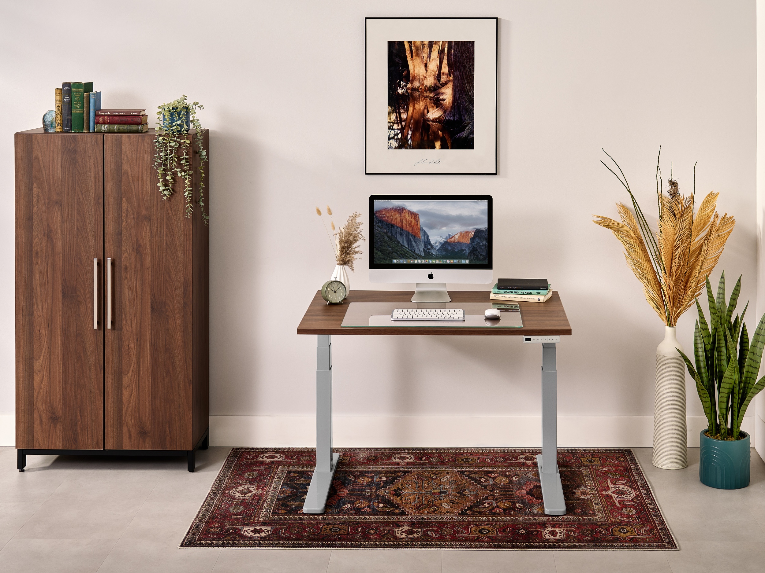 V3 2-Leg Walnut Laminate Standing Desk with Gray Frame and Walnut MoPac Wardrobe