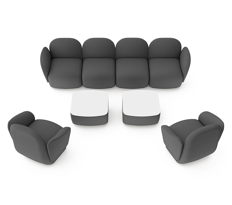 Dillo Huddle Plus configuration showing a four seat sofa, two seats with arms, and two tables for a reception or waiting area.