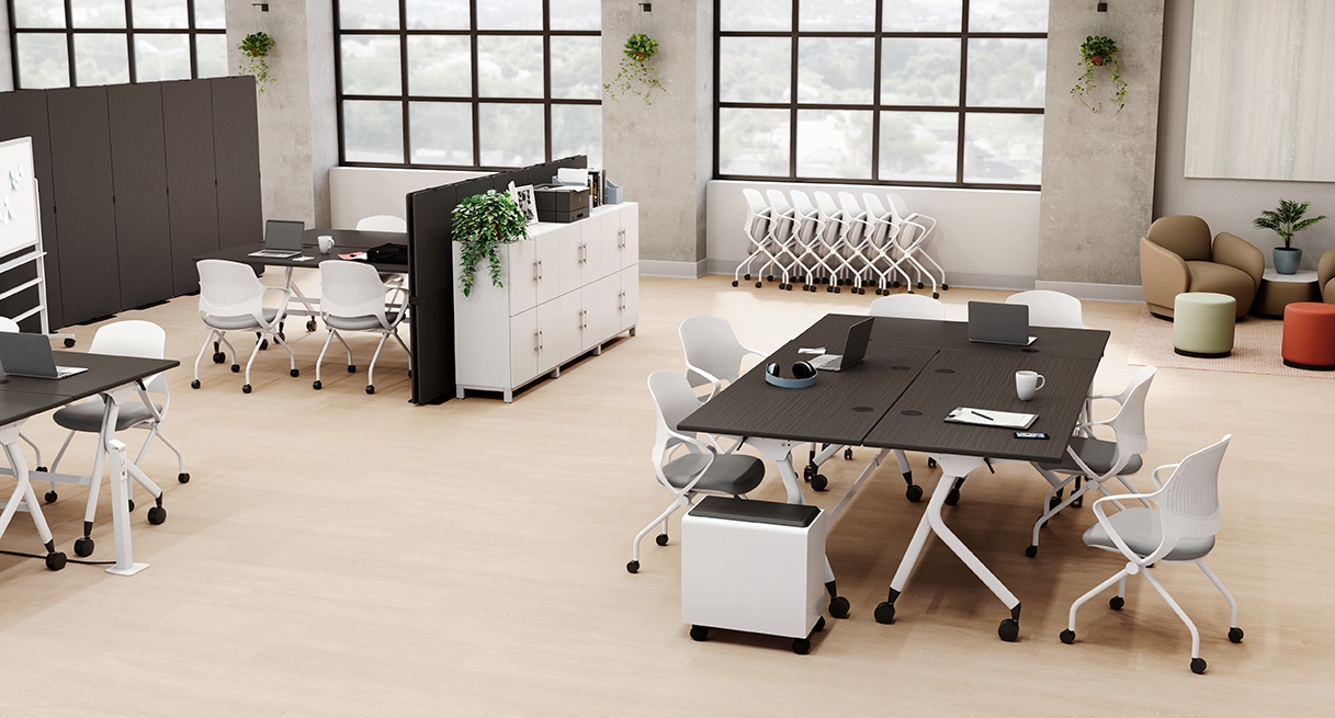 The Rollaway Nesting Chair fits perfectly in flexible work spaces; fold, nest and roll away to store when not in use.