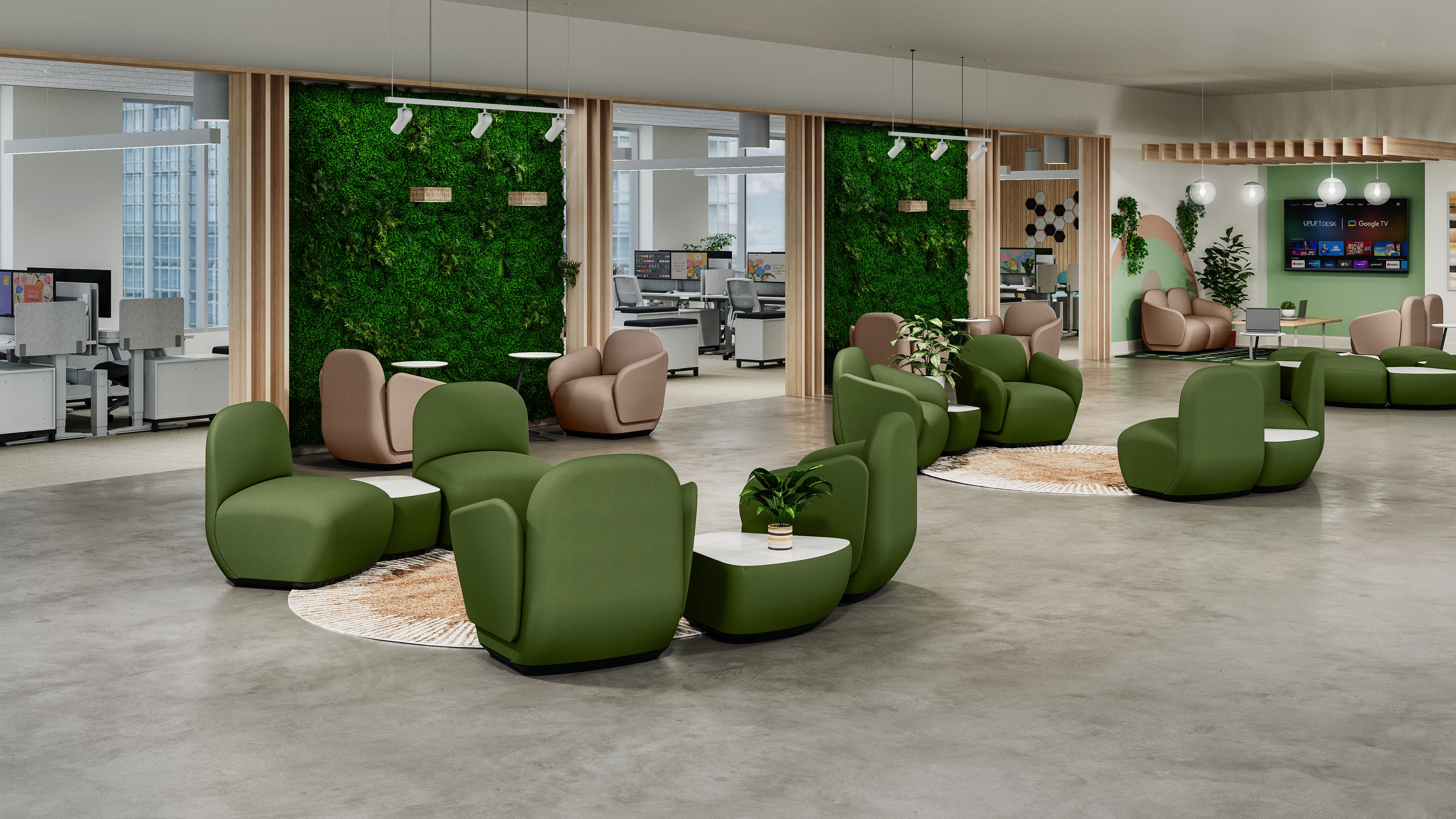 Green and tan Dillo lounge seating configurations in an open office environment.