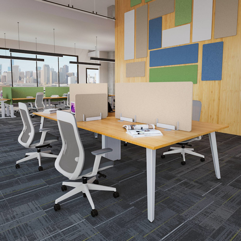 White Acoustic Privacy Panel Holders keeping acoustic panels upright on a co-working table