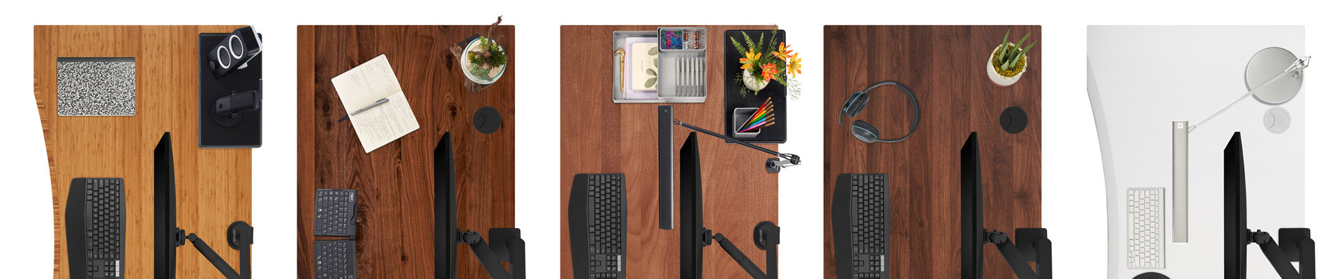 UPLIFT Desk desktops shown in various finishes and styles with ergonomic desk accessories.