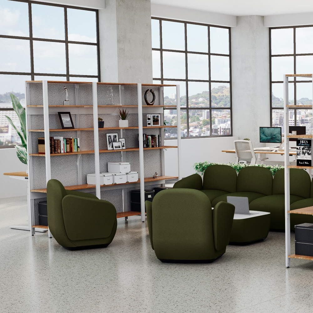 Green Dillo Lounge seating in an open concept media office setting.