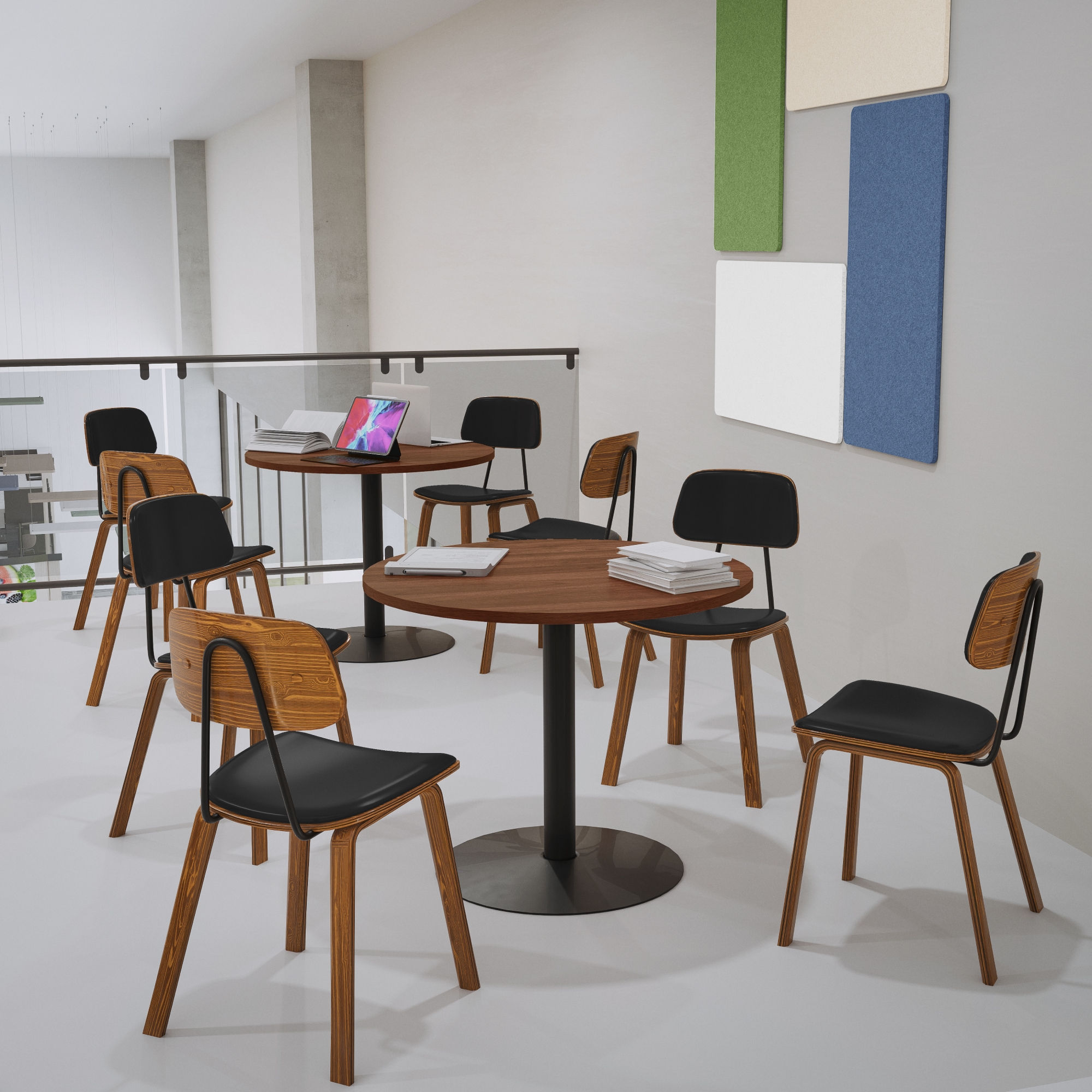 Kerbey Chairs in Dark Oak at Cafe Tables by UPLIFT Desk in a study hall setting