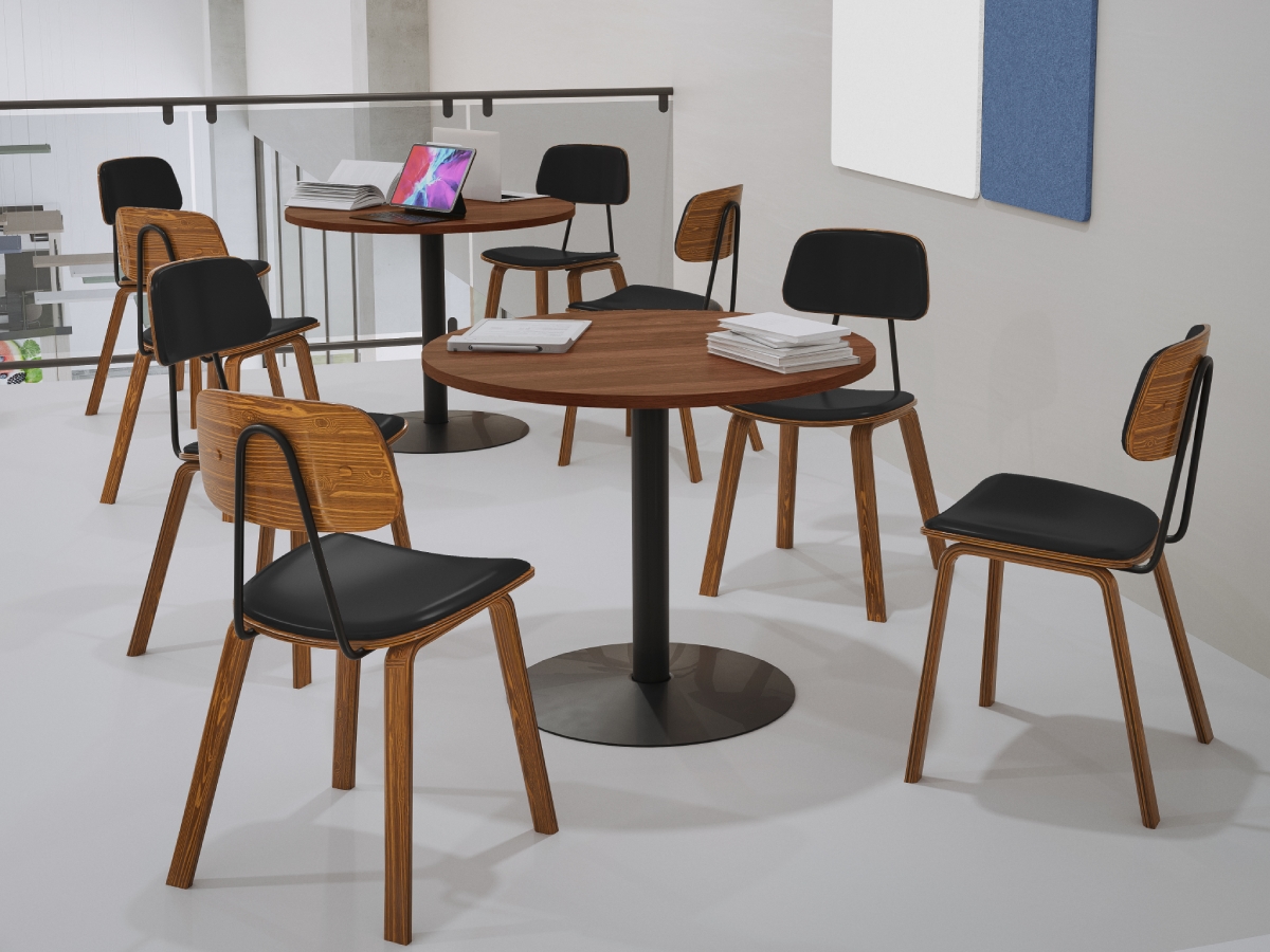 Kerbey Chairs in Dark Oak at Cafe Tables by UPLIFT Desk in a study hall setting