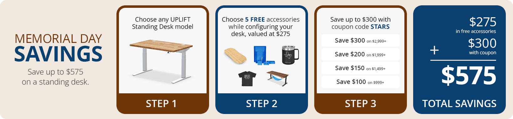 Memorial Day Savings Sale Save up to $575 on a Standing Desk