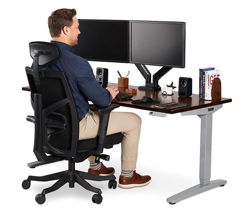 60 x 30 Dark Rubberwood Standing Desk with Crestview Dual Monitor Arm and J3 Ergonomic Chair