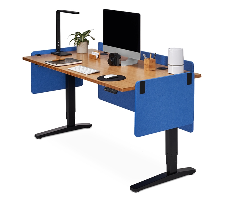 Two rows of desks with desk-mounted acoustic panels are separated and partitioned between OneWall Mobile Acoustic Office Partitions