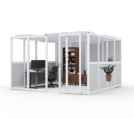 UPLIFT Spaces Wall System 12'x12' room enclosed with acoustic and glass paneling, featuring an UPLIFT standing desk, Mopac Furniture and an ergonomic office chair.