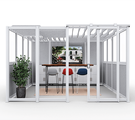 UPLIFT Spaces Wall System 12'x12' room with acoustic and glass paneling, ceiling baffles, Rivervue barstools and UPLIFT fixed height table.