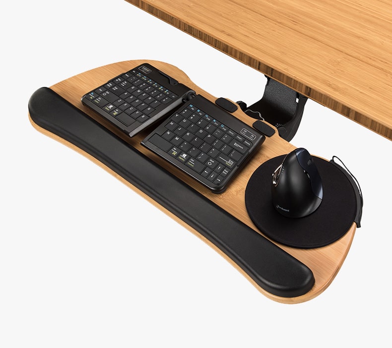 Big Standard Keyboard Tray in bamboo attached to a bamboo desktop