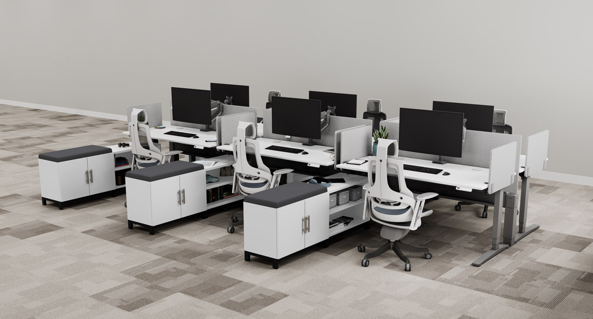 Dual Sided Row configuration of White Laminate UPLIFT Standing Desks with matching white MoPac Credenzas