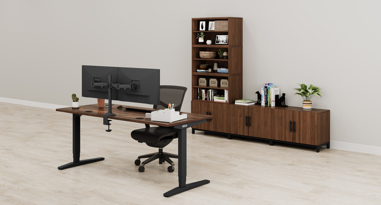 Walnut MoPac Credenza with Bookcase with matching walnut UPLIFT Standing Desk