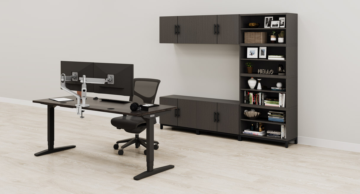 Ash Gray MoPac Storage Wall with Bookcase with matching Ash Gray UPLIFT Standing Desk