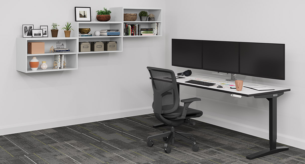 Three white MoPac Overhead Cabinets with matching white UPLIFT Standing Desk