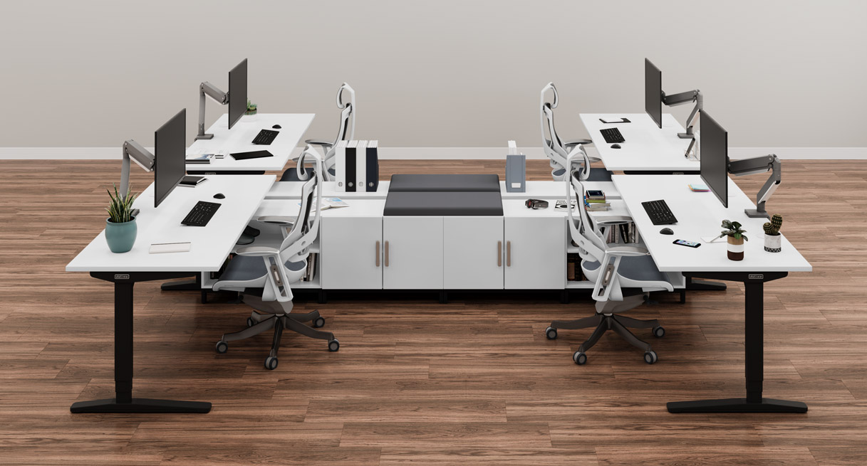 A MoPac Credenza between two rows of UPLIFT Standing Desks