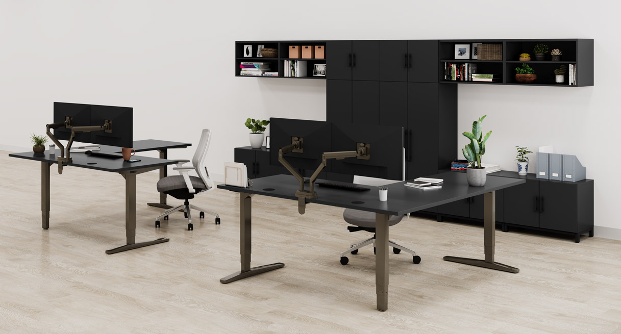Black MoPac Shared Office Storage with matching black L-Shape UPLIFT Standing Desks